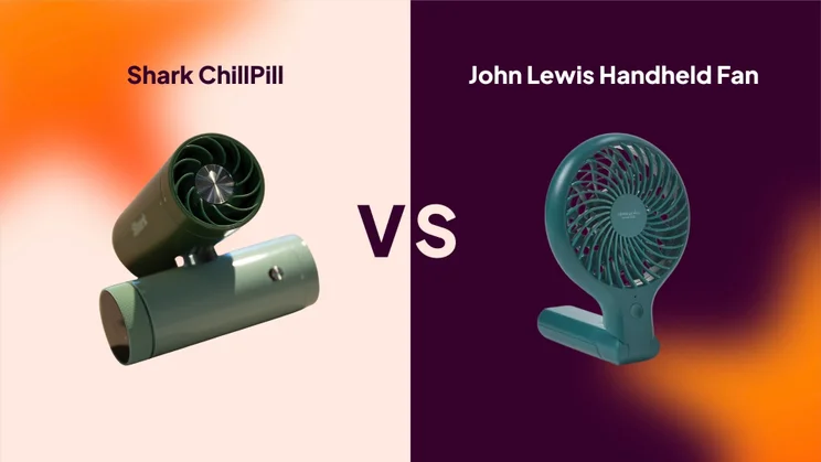 The Shark ChillPill and John Lewis handheld fan, side by side on an orange and purple background