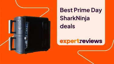 The Ninja DoubleStack XL air fryer on an orange background. A title card to the right hand side reads: Best Prime Day SharkNinja deals