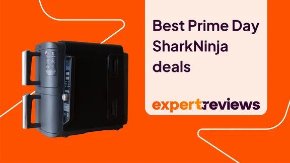 The Ninja DoubleStack XL air fryer on an orange background. A title card to the right hand side reads: Best Prime Day SharkNinja deals