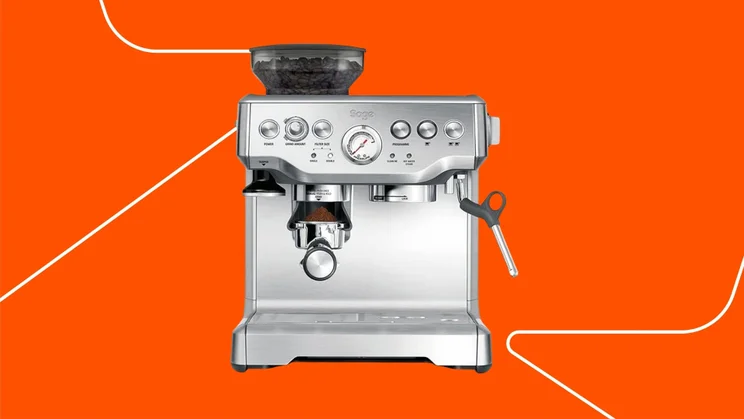 The Sage Barista Express coffee machine on an orange background