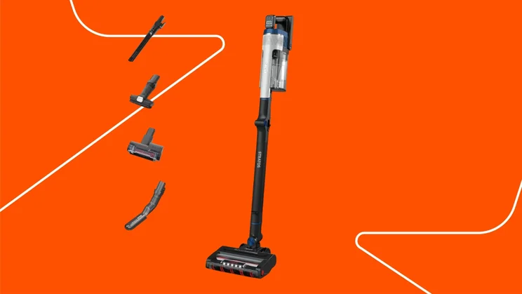The Shark Stratos IZ402UKTSB vacuum cleaner on an orange background