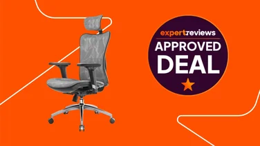 The Sihoo M57 office chair on an orange background. To the right, a roundel badge reads "Expert Reviews Approved Deal"