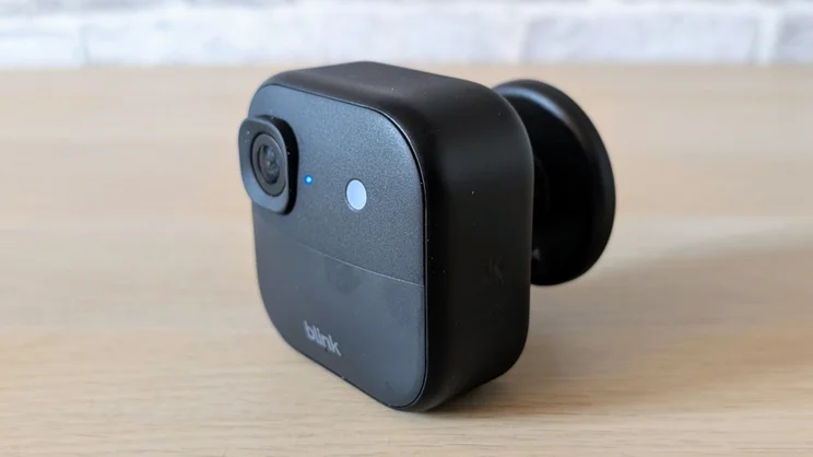 The Blink Outdoor 2K+ camera pictured from the front right quarter