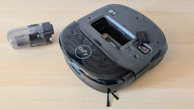 The Eufy Omni S2 pictured from above with the dust collection bin removed