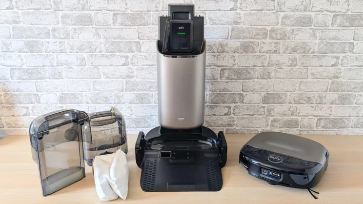 The Eufy Omni S2 pictured with its docking station, water tanks and dust bags
