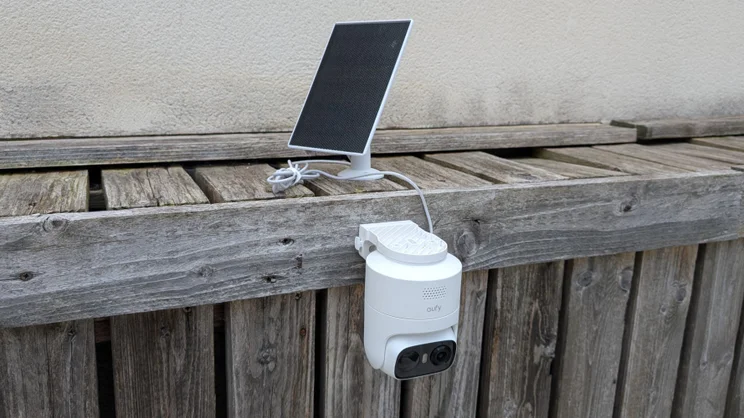 The EufyCam C37 mounted on a wooden surface