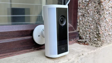 The Ring Spotlight Cam Pro Plug-In (2nd gen) pictured from its right side