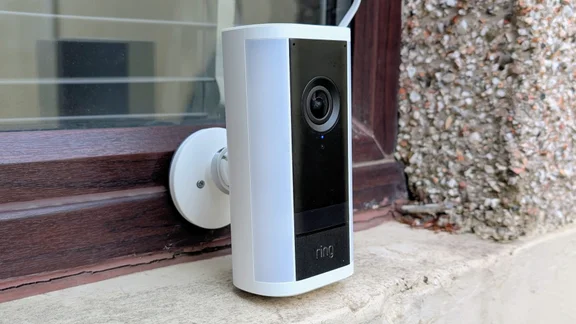 The Ring Spotlight Cam Pro Plug-In (2nd gen) pictured from its right side