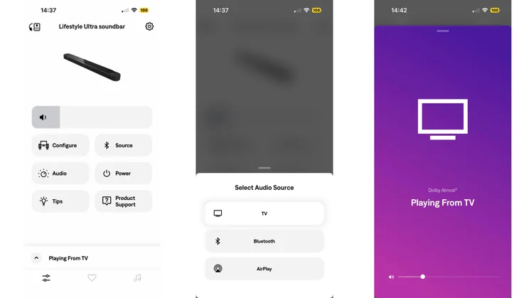 Three screenshots from the Bose companion app showing the homepage, source options and Dolby Atmos Playing from TV page