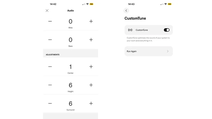 Two screenshots from the Bose companion app showing the treble, bass and mid audio adjustments, and CustomTune optimiser