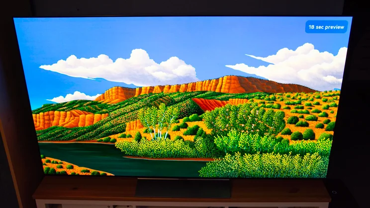 The 65in LG C6 OLED TV on a wooden stand displaying a digital artwork of a mountain behind a lake