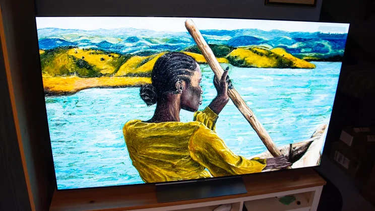 The 65in LG C6 OLED TV on a wooden stand displaying digital artwork of a female rowing a boat
