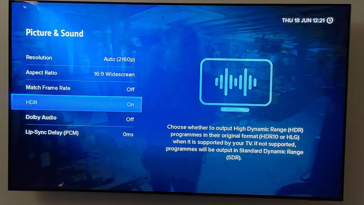A 65in Philips TV showing the picture and sound options available on the Manhattan S4-R Freesat TV Recorder
