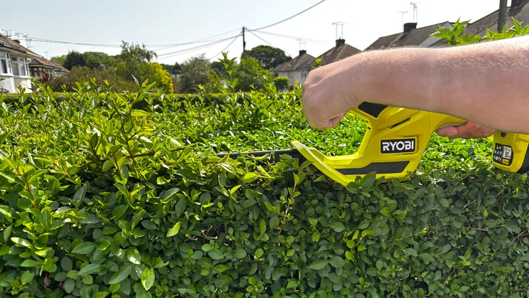 Ryobi RY18HT40B - action shot of reviewer's hand holding tool