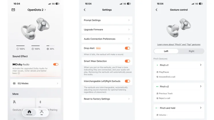Three screenshots from the Shokz app showing the settings for the Shokz OpenDots 2