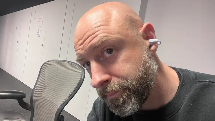 The Shokz OpenDots Air being worn