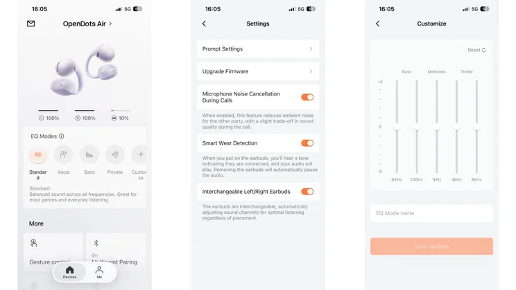 Three screenshots from the Shokz app when connected to the Shokz OpenDots Air