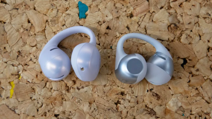 Top-down view of the Shokz OpenDots Air (left) next to the Shokz OpenDots 2