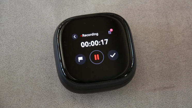 The charging case of the Soundcore Liberty 5 Pro Max wireless earbuds with the lid closed and recording a conversation