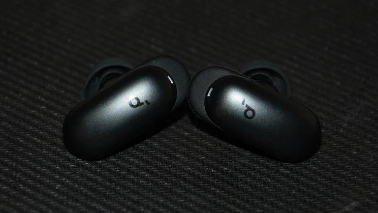 The Soundcore Liberty 5 Pro Max wireless earbuds side-by-side with the earfins touching