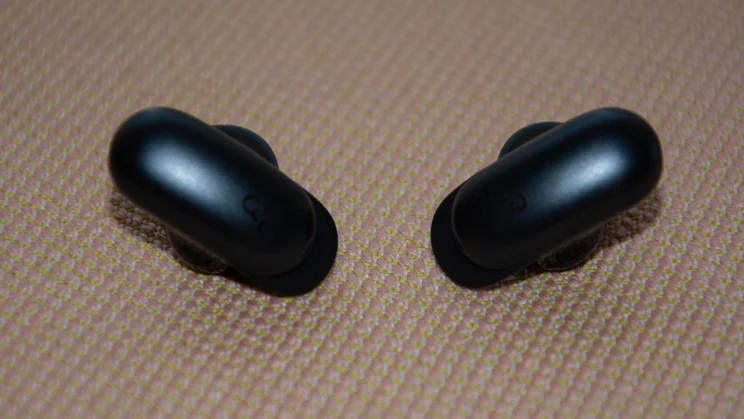 The Soundcore Liberty 5 Pro Max wireless earbuds with their earfins facing inwards