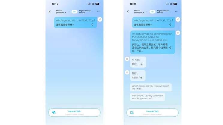 Two screenshots from the Soundcore app showing the Face-to-Face Translation feature