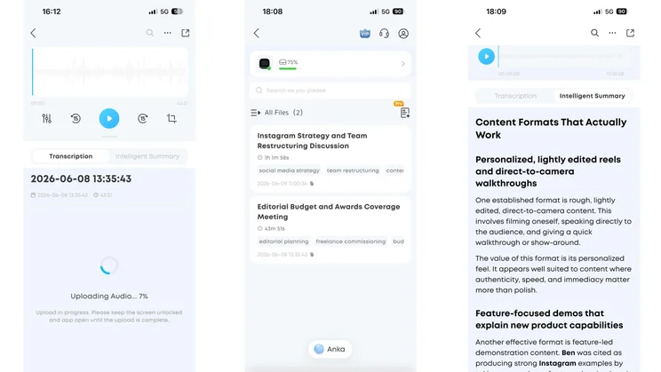 Three screenshots from the Soundcore app showing the AI Note-Taker uploading screen, file storage and Intelligent Summary