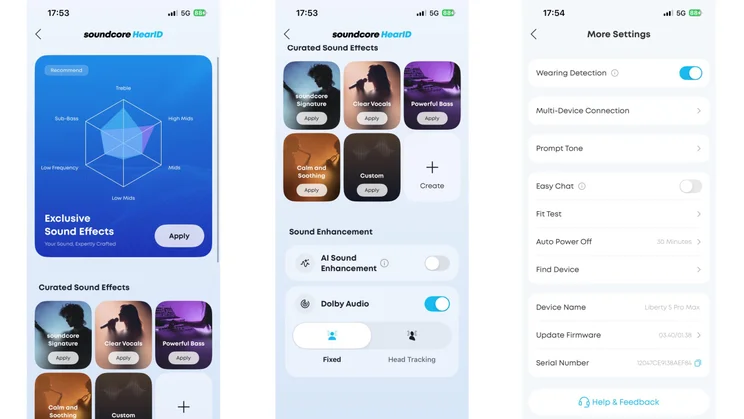 Three screenshots from the Soundcore app showing the audio and general settings