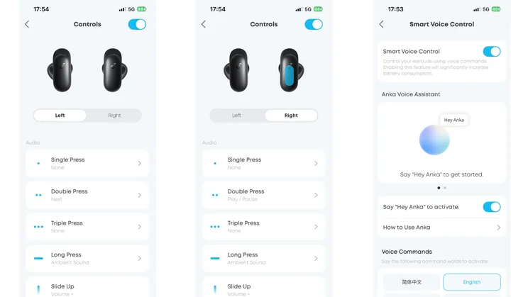 Three screenshots from the Soundcore app showing the touch and voice control options