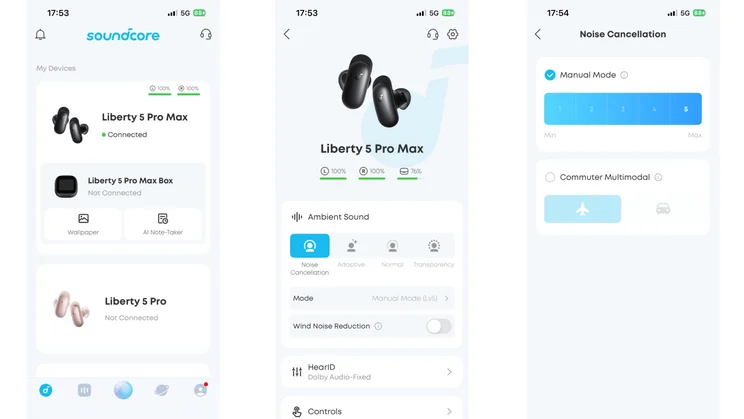 Three screenshots from the Soundcore app showing the home page and noise-cancellation settings