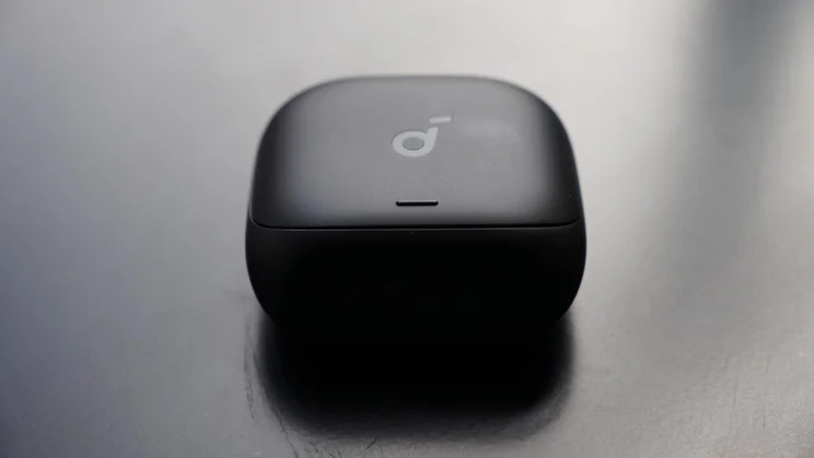 Top-down view of Front the Soundcore Liberty 5 Pro true wireless earbuds charging case showing the brand's logo and USB-C charging port