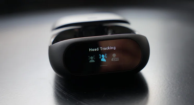 Front view of the Soundcore Liberty 5 Pro true wireless earbuds charging case displaying the Head Tracking options