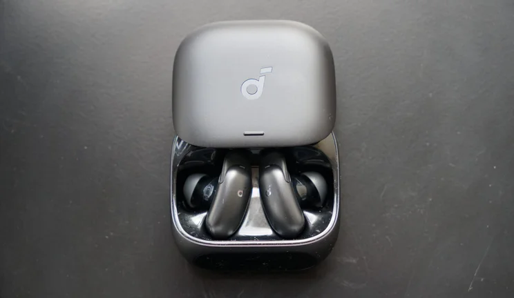 The Soundcore Liberty 5 Pro true wireless earbuds in their charging case with their lid open