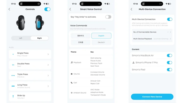 Three screenshots from the Soundcore app showing the control and multipoint connection options