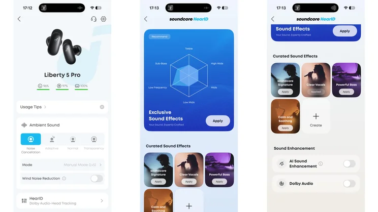 Three screenshots from the Soundcore app showing the home page and EQ options
