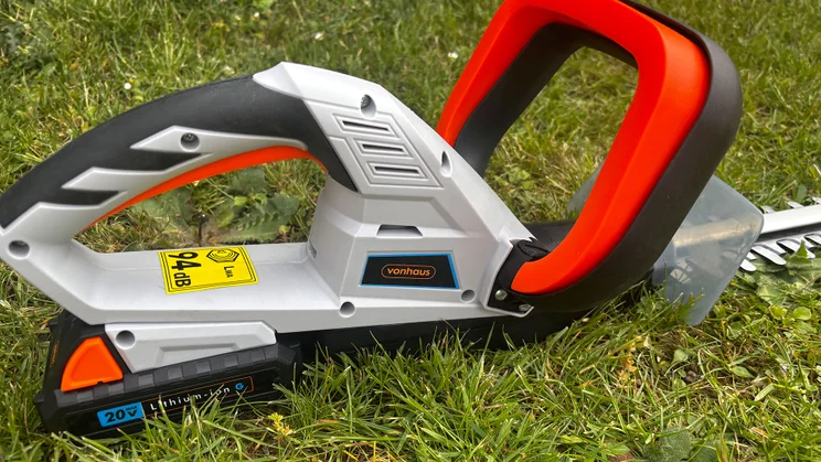 Close-up of VonHaus G-Series 40V hedge trimmer body including ergonomic handle and controls