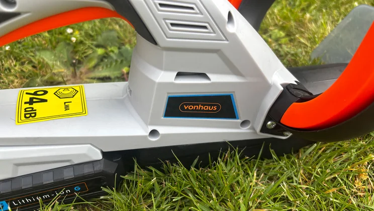 Close-up of VonHaus G-Series 40V hedge trimmer body and controls