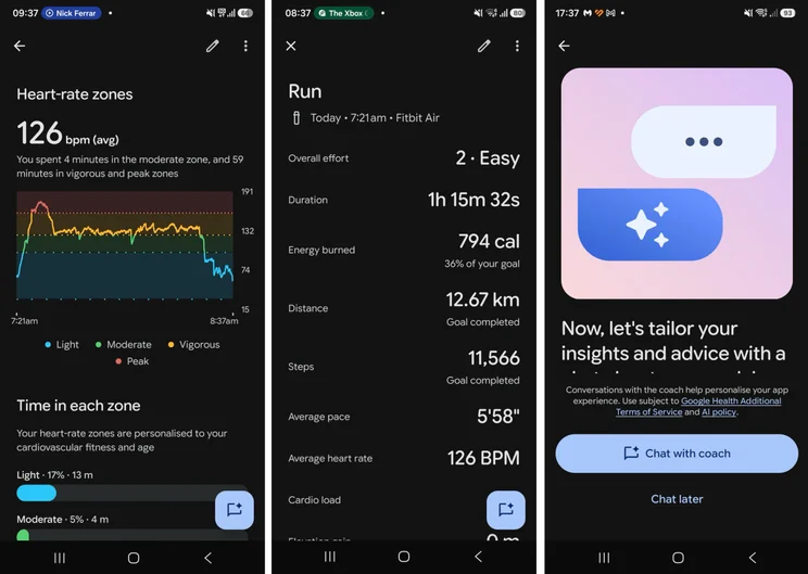 3x Google Health screenshots from Fitbit Air showing workout tracking and coach sign up