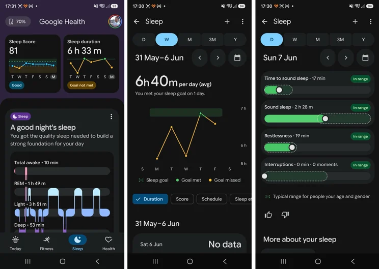 3x Google Health screenshots from Fitbit Air sleep tracking