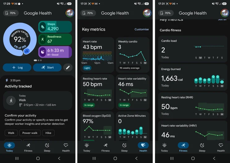 3x Google Health screenshots from Fitbit Air tracking