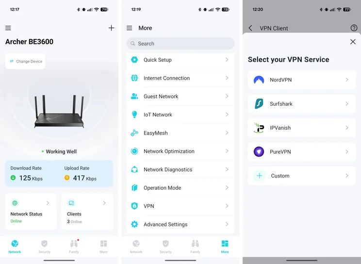 3x screenshots of the TP-Link tether app for the Archer BE3600