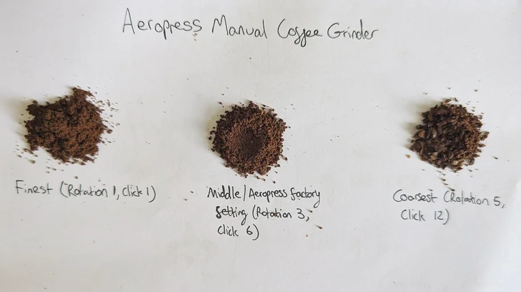 Three piles of ground coffee on a sheet of paper. From left to right: Finest (Roation 1, click 1), Middle/AeroPress factory setting (Rotation 3, click 6), Coarsest (Rotation 5, click 12)