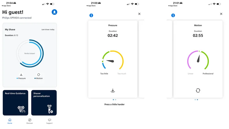 philips i9000 prestige ultra - screenshots of companion app showing shave duration, pressure