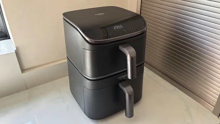 The Cosori Turbo Tower air fryer on a kitchen worktop