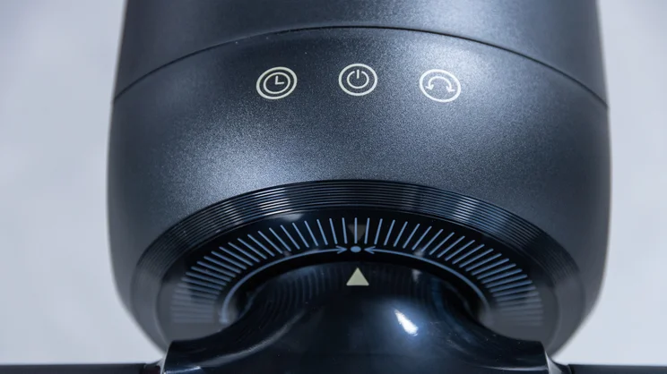 A closeup of the Dimplex Flexblade tower fan's control panel