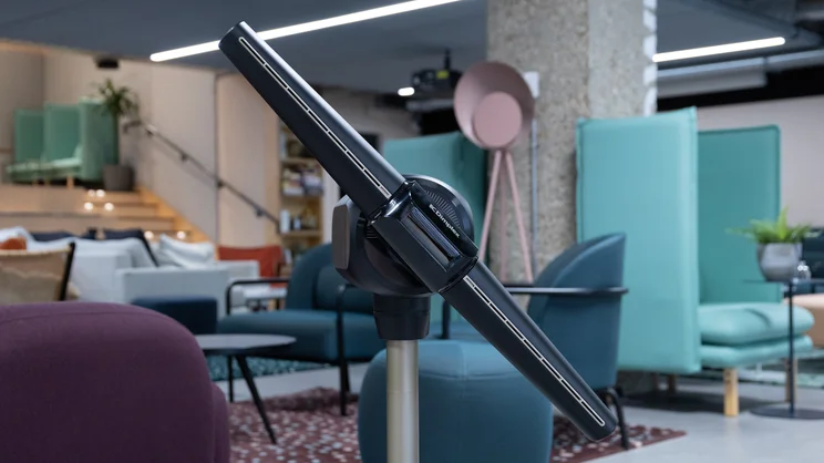 A closeup of the Dimplex Flexblade's fan head, rotated at an angle
