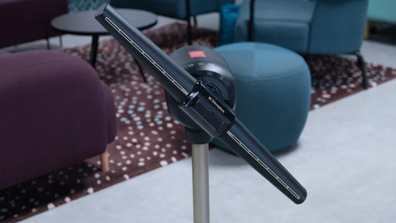 A closeup of the Dimplex Flexblade's fan head, rotated at an angle