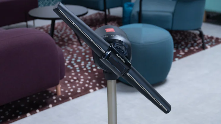 A closeup of the Dimplex Flexblade's fan head, rotated at an angle
