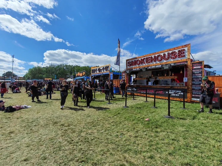 Wide-angle shot of street food vendors