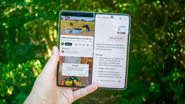 Honor Magic V6 in hand, split-screen on the display